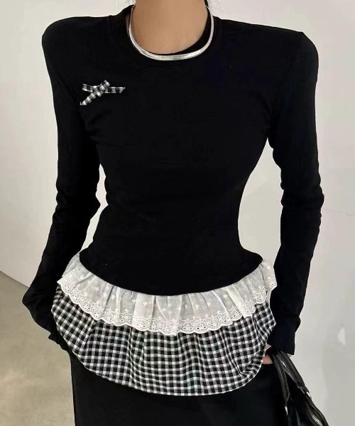 GEMEDA(ジェメダ)の「【26春新作】リボン付き レイヤード風 長袖カットソー(Tシャツ/カットソー・レディース・ブラック/ホワイト/ブラック系その他/ホワイト系その他・M)」の5枚目の写真