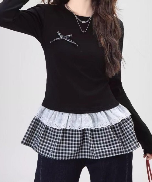 GEMEDA(ジェメダ)の「【26春新作】リボン付き レイヤード風 長袖カットソー(Tシャツ/カットソー・レディース・ブラック/ホワイト/ブラック系その他/ホワイト系その他・M)」の7枚目の写真