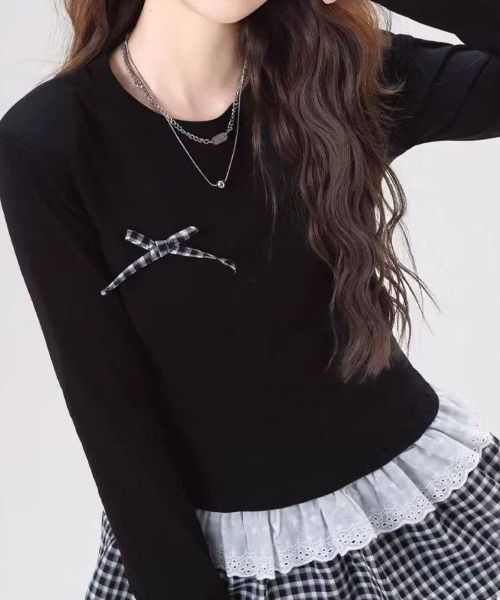 GEMEDA(ジェメダ)の「【26春新作】リボン付き レイヤード風 長袖カットソー(Tシャツ/カットソー・レディース・ブラック/ホワイト/ブラック系その他/ホワイト系その他・M)」の9枚目の写真