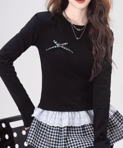 GEMEDA(ジェメダ)の「【26春新作】リボン付き レイヤード風 長袖カットソー(Tシャツ/カットソー・レディース・ブラック/ホワイト/ブラック系その他/ホワイト系その他・M)」の10枚目の写真