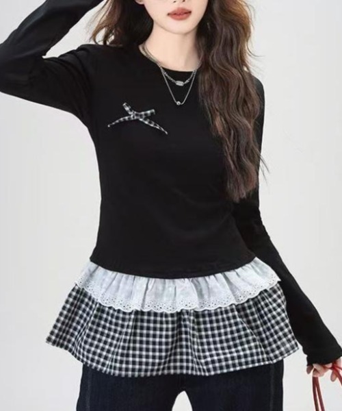 GEMEDA(ジェメダ)の「【26春新作】リボン付き レイヤード風 長袖カットソー(Tシャツ/カットソー・レディース・ブラック/ホワイト/ブラック系その他/ホワイト系その他・M)」の11枚目の写真