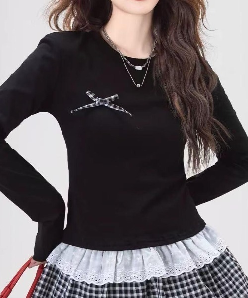 GEMEDA(ジェメダ)の「【26春新作】リボン付き レイヤード風 長袖カットソー(Tシャツ/カットソー・レディース・ブラック/ホワイト/ブラック系その他/ホワイト系その他・M)」の12枚目の写真