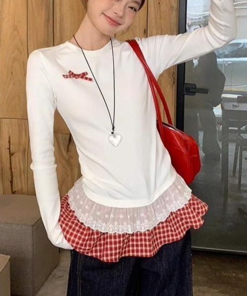 GEMEDA(ジェメダ)の「【26春新作】リボン付き レイヤード風 長袖カットソー(Tシャツ/カットソー・レディース・ブラック/ホワイト/ブラック系その他/ホワイト系その他・M)」の17枚目の写真