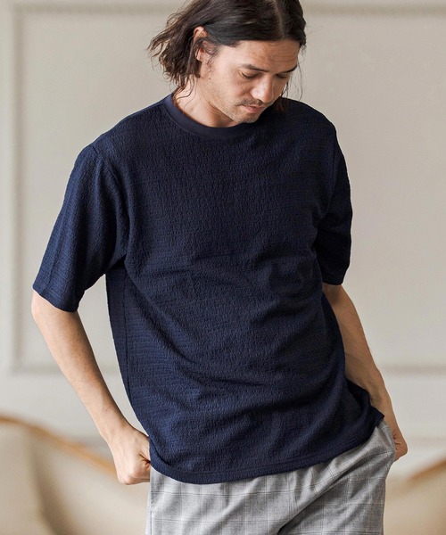 CAMBIO(カンビオ)の「mt10275- レースニットTシャツ(CA02-63219)(Tシャツ/カットソー・メンズ・ブラック/ネイビー/ホワイト・XL/L/M)」の1枚目の写真