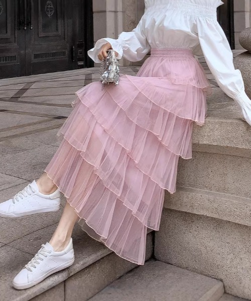 LAC-VERT(ラック・ヴェール)の「ティアードフリルシアースカート(スカート・レディース・アイボリー/ブラック/ピンク/ホワイト・FREE)」の4枚目の写真