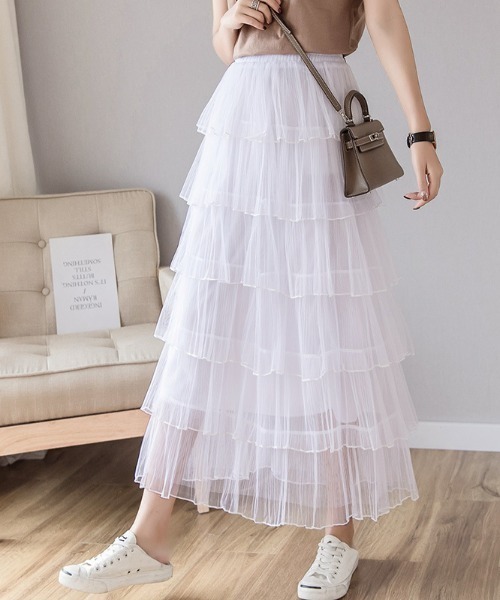 LAC-VERT(ラック・ヴェール)の「ティアードフリルシアースカート(スカート・レディース・アイボリー/ブラック/ピンク/ホワイト・FREE)」の7枚目の写真