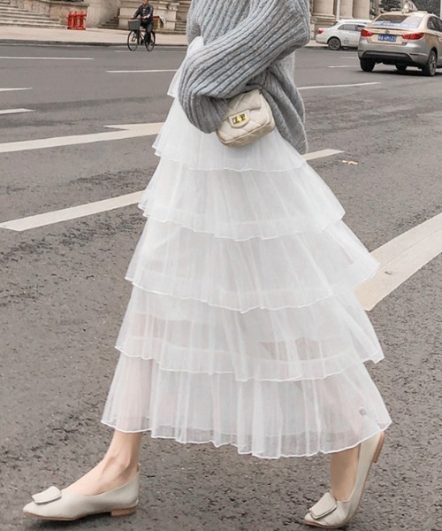 LAC-VERT(ラック・ヴェール)の「ティアードフリルシアースカート(スカート・レディース・アイボリー/ブラック/ピンク/ホワイト・FREE)」の9枚目の写真