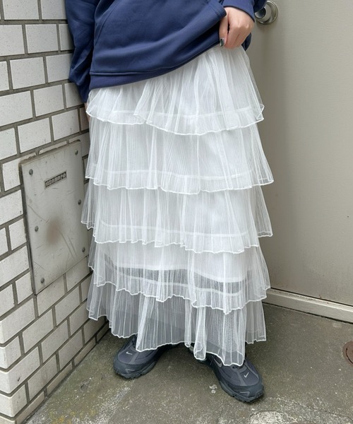LAC-VERT(ラック・ヴェール)の「ティアードフリルシアースカート(スカート・レディース・アイボリー/ブラック/ピンク/ホワイト・FREE)」の6枚目の写真