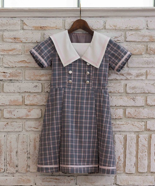 axes femme(アクシーズファム)の「WボタンチェックOP(ワンピース・キッズ・ミント/グレー・LARGE/MEDIUM/X-LARGE)」の1枚目の写真