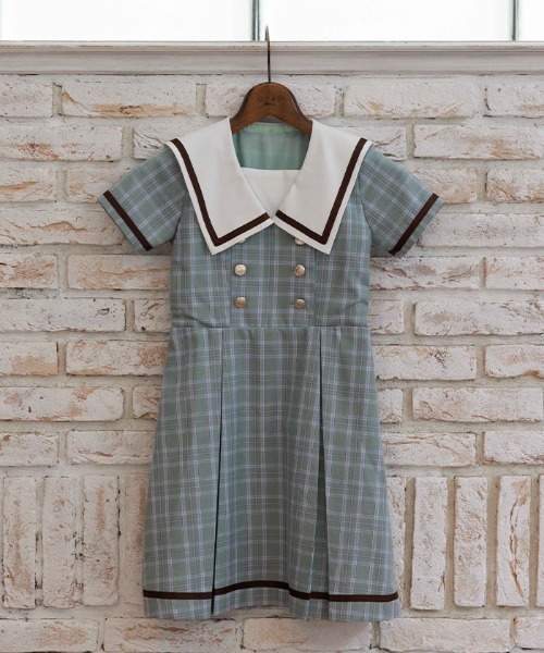 axes femme(アクシーズファム)の「WボタンチェックOP(ワンピース・キッズ・ミント/グレー・LARGE/MEDIUM/X-LARGE)」の2枚目の写真