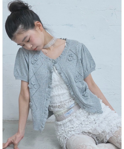 Embroidered short sleeve knit cardigan/刺繍半袖ニットカーディガン