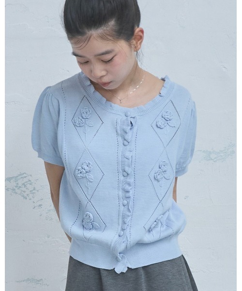 Embroidered short sleeve knit cardigan/刺繍半袖ニットカーディガン