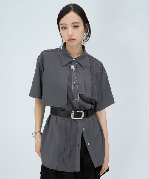 HARE(ハレ)の「ジャガードアシメプリーツシャツ(HARE)(シャツ/ブラウス・レディース・グリーン/ホワイト/ブラック/ネイビー/ブルー/グレー・FREE)」の13枚目の写真