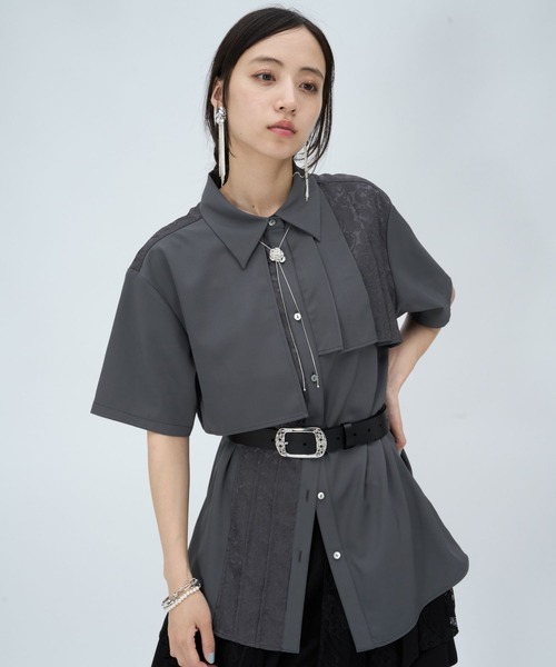 HARE(ハレ)の「ジャガードアシメプリーツシャツ(HARE)(シャツ/ブラウス・レディース・グリーン/ホワイト/ブラック/ネイビー/ブルー/グレー・FREE)」の14枚目の写真