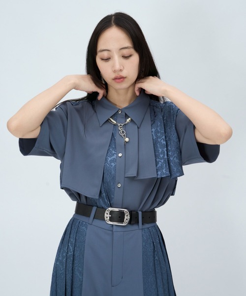 HARE(ハレ)の「ジャガードアシメプリーツシャツ(HARE)(シャツ/ブラウス・レディース・グリーン/ホワイト/ブラック/ネイビー/ブルー/グレー・FREE)」の16枚目の写真