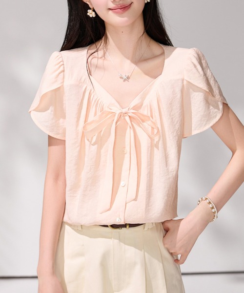 AMAJI(アマジ)の「リボンタイ フラワースリーブ ブラウス(シャツ/ブラウス・レディース・ライトピンク・X-LARGE/LARGE/MEDIUM/SMALL)」の4枚目の写真