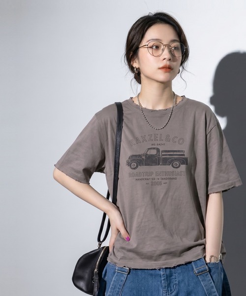antiqua(アンティカ)の「ヴィンテージプリント ダメージ加工 綿100 Tシャツ(Tシャツ/カットソー・レディース・ホワイト/チャコールグレー・ONESIZE)」の11枚目の写真