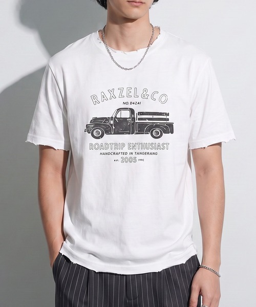 antiqua(アンティカ)の「ヴィンテージプリント ダメージ加工 綿100 Tシャツ(Tシャツ/カットソー・レディース・ホワイト/チャコールグレー・ONESIZE)」の8枚目の写真