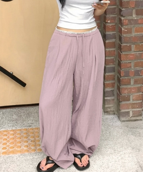 VIVID LADY（ビビッドレディー）の「ダブルウエスト フリルワイドパンツ（その他パンツ・レディース・ブラック/ピンク/ネイビー/クリーム・FREE）」の4枚目の写真
