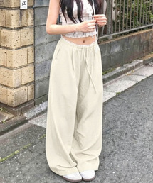 ダブルウエスト フリルワイドパンツ