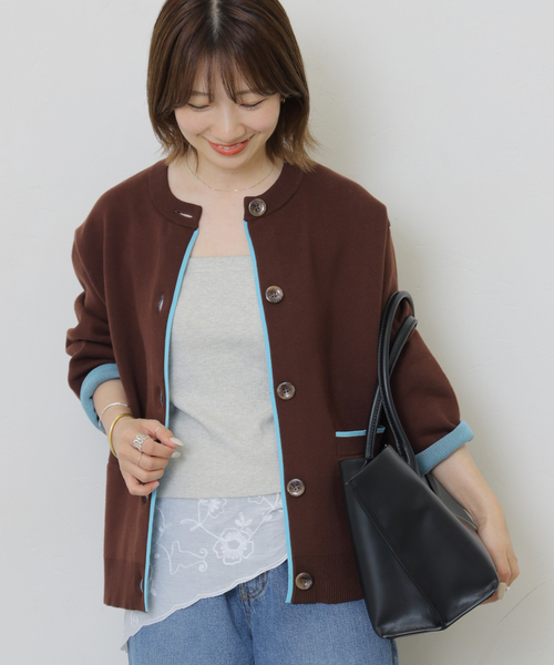 JOURNAL STANDARD relume(ジャーナルスタンダード レリューム)の「《一部WEB限定追加4 / 新色》ダブルニットコントラストカーディガン(カーディガン/ボレロ・レディース・ブラウン/ネイビー/グレー・FREE)」の2枚目の写真