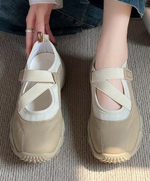 配色 ベルト ストラップ付き スニーカーパンプス