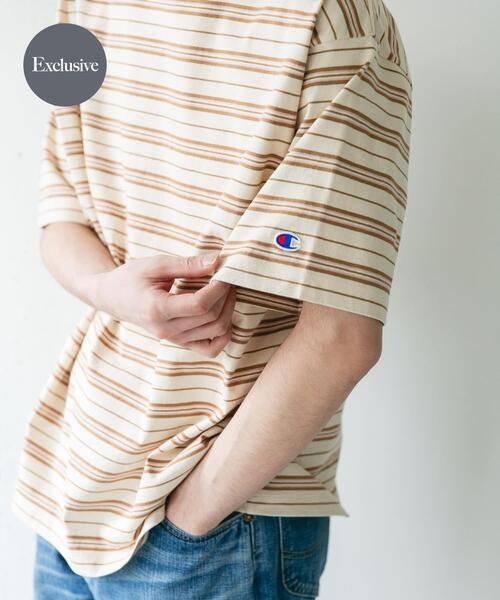 Champion(チャンピオン)の「『別注』CHAMPION×DOORS BORDER T-SHIRTS(Tシャツ/カットソー・メンズ・ライトブラウン/ベージュ系その他/ブルー系その他・LARGE/MEDIUM)」の2枚目の写真