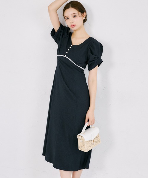 Rene2026現行品♡美品パールボタン♡インディゴワンピース34 セール】【ZOZO限定】フロントプチレース×パール釦デニムライク