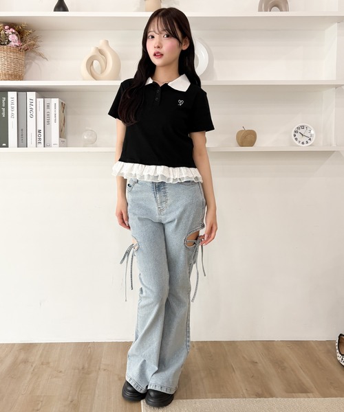 WEGO（ウィゴー）の「WEGO/レースヘムワンポイント襟付きTシャツ（ポロシャツ・レディース・サックスブルー/ブラック・FREE）」の13枚目の写真