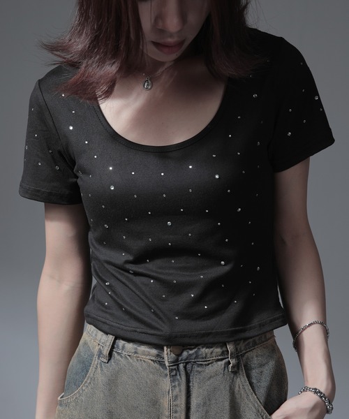 nonomi(ノノミ)の「ラインストーン Uネック クロップド半袖Tシャツ(Tシャツ/カットソー・レディース・ホワイト/ブラック・L/M)」の6枚目の写真