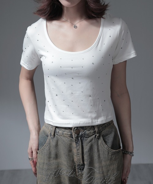 nonomi(ノノミ)の「ラインストーン Uネック クロップド半袖Tシャツ(Tシャツ/カットソー・レディース・ホワイト/ブラック・L/M)」の9枚目の写真