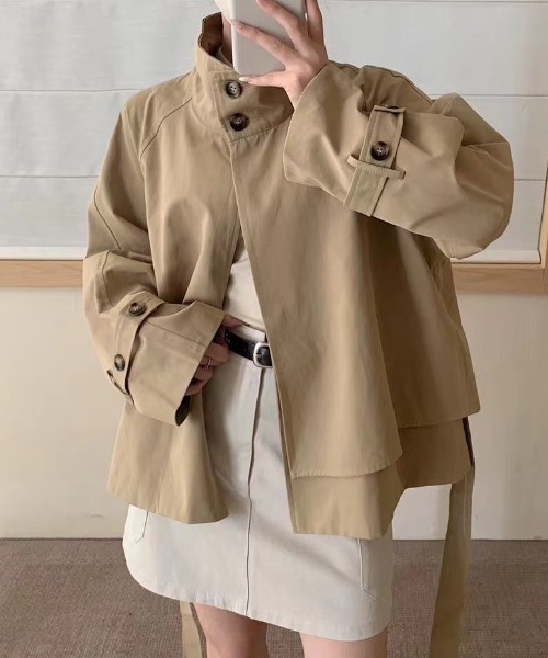 FLINEA（フリネア）の「デザインスタンドカラーショートトレンチコート（トレンチコート・レディース・ダークベージュ/グレイッシュベージュ・FREE）」の14枚目の写真
