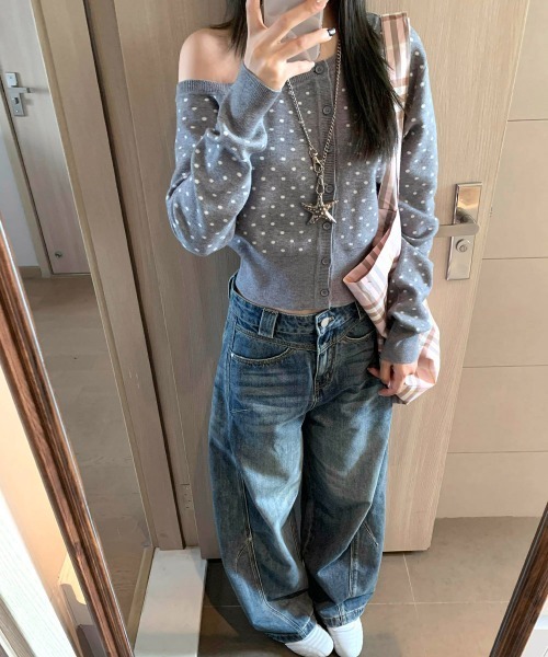 Miniministore(ミニミニストア)の「ドット柄ワンショル長袖ニットカーディガン(ニット/セーター・レディース・ピンク/グレー・FREE)」の5枚目の写真