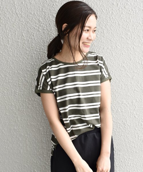 SHIPS Days(シップスデイズ)の「SHIPS Days STANDARD: ソフトコットン TEE (ボーダー)(Tシャツ/カットソー・レディース・ホワイト/ピンク/ダークオリーブ/ネイビー・M~L/S~M)」の3枚目の写真