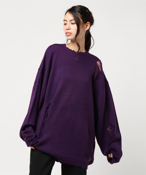 PUNYUS（プニュズ）の「ダメージニット（ニット/セーター・レディース・ブラック/パープル/レッド/イエロー・4/3）」の3枚目の写真