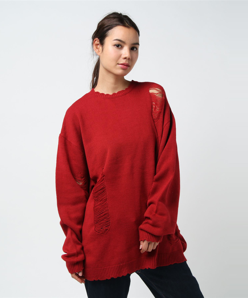 PUNYUS（プニュズ）の「ダメージニット（ニット/セーター・レディース・ブラック/パープル/レッド/イエロー・4/3）」の4枚目の写真