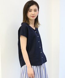 リネンブレンドフロントボタンVネックブラウス