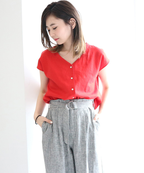 AMERICAN HOLIC(アメリカンホリック)の「リネンブレンドフロントボタンVネックブラウス(シャツ/ブラウス・レディース・ネイビー/レッド/その他5/チェック・FREE)」の5枚目の写真