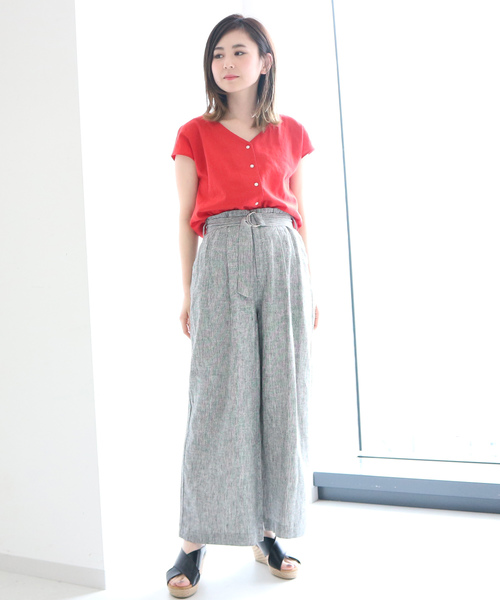 AMERICAN HOLIC(アメリカンホリック)の「リネンブレンドフロントボタンVネックブラウス(シャツ/ブラウス・レディース・ネイビー/レッド/その他5/チェック・FREE)」の6枚目の写真