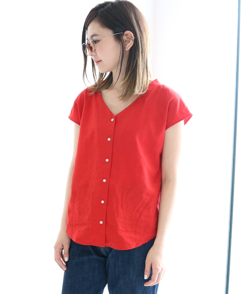 AMERICAN HOLIC(アメリカンホリック)の「リネンブレンドフロントボタンVネックブラウス(シャツ/ブラウス・レディース・ネイビー/レッド/その他5/チェック・FREE)」の7枚目の写真