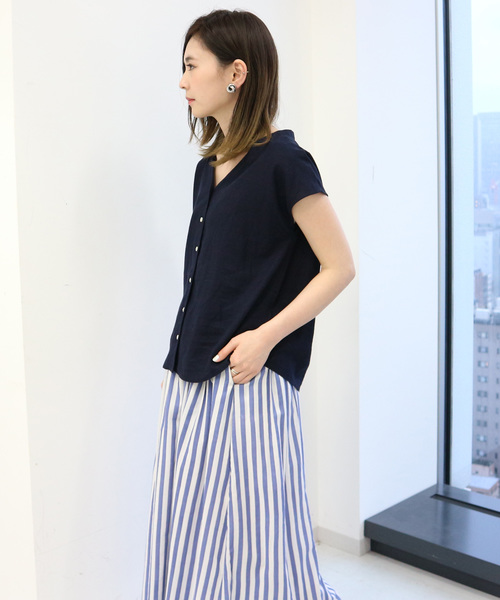 AMERICAN HOLIC(アメリカンホリック)の「リネンブレンドフロントボタンVネックブラウス(シャツ/ブラウス・レディース・ネイビー/レッド/その他5/チェック・FREE)」の9枚目の写真