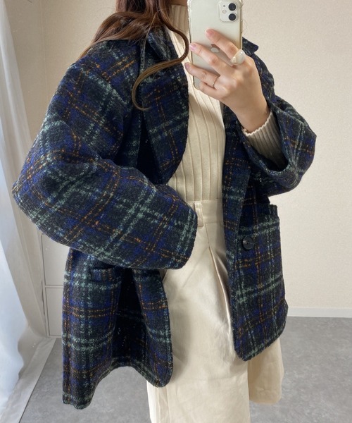 ABITOKYO(アビトーキョー)の「マルチチェック柄 ショートテーラーコート(ピーコート・レディース・ブラウン/ブルー・FREE)」の11枚目の写真