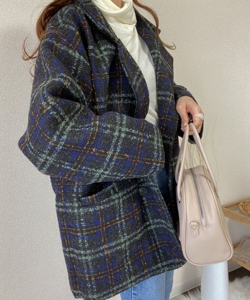 ABITOKYO(アビトーキョー)の「マルチチェック柄 ショートテーラーコート(ピーコート・レディース・ブラウン/ブルー・FREE)」の15枚目の写真
