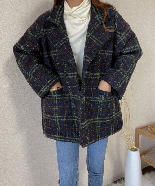 ABITOKYO(アビトーキョー)の「マルチチェック柄 ショートテーラーコート(ピーコート・レディース・ブラウン/ブルー・FREE)」の16枚目の写真