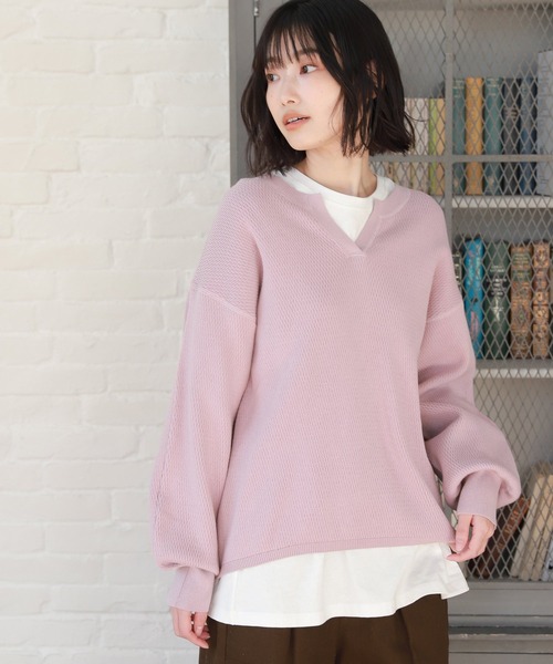 LAKOLE（ラコレ）の「12Gワッフルスリットプルオーバー / LAKOLE（Tシャツ/カットソー・レディース・ネイビー/オフホワイト/カーキ/ベビーピンク・SMALL/MEDIUM）」の4枚目の写真