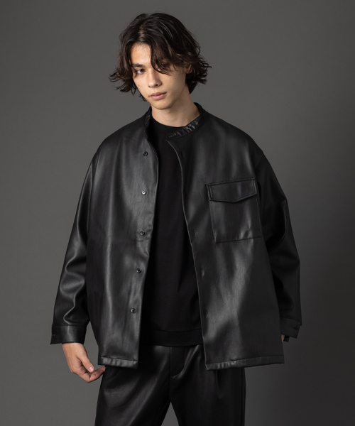 MYSELF ABAHOUSE（マイセルフアバハウス）の「【MYSELF ABAHOUSE】ネオレザー バンドカラー シャツ（シャツ/ブラウス・メンズ・ブラック/グレイッシュベージュ・48/46）」の6枚目の写真