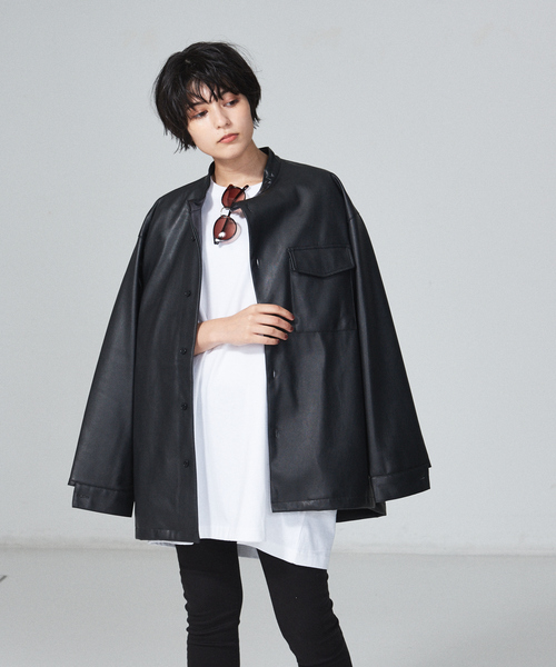 MYSELF ABAHOUSE（マイセルフアバハウス）の「【MYSELF ABAHOUSE】ネオレザー バンドカラー シャツ（シャツ/ブラウス・メンズ・ブラック/グレイッシュベージュ・48/46）」の10枚目の写真