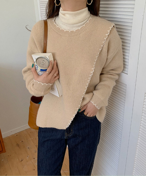 emi+（エミプラス）の「配色ハンドステッチ風ニットトップス（ニット/セーター・レディース・アイボリー/ブラウン/ベージュ/カーキ/ブラック/ブルーグレー・FREE）」の6枚目の写真