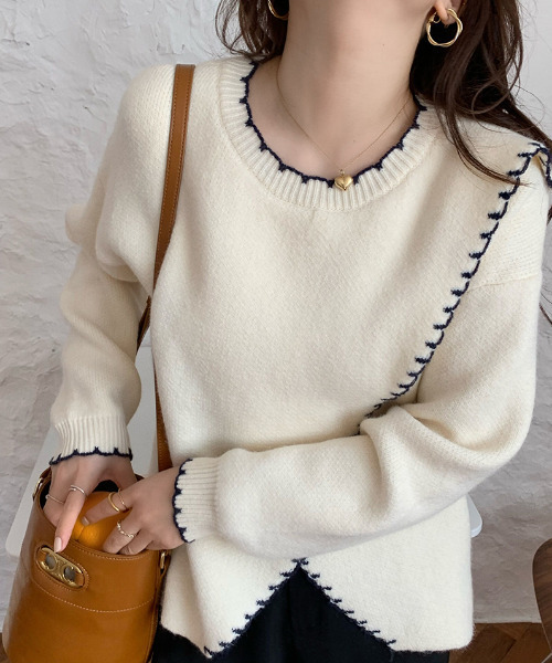 emi+（エミプラス）の「配色ハンドステッチ風ニットトップス（ニット/セーター・レディース・アイボリー/ブラウン/ベージュ/カーキ/ブラック/ブルーグレー・FREE）」の2枚目の写真