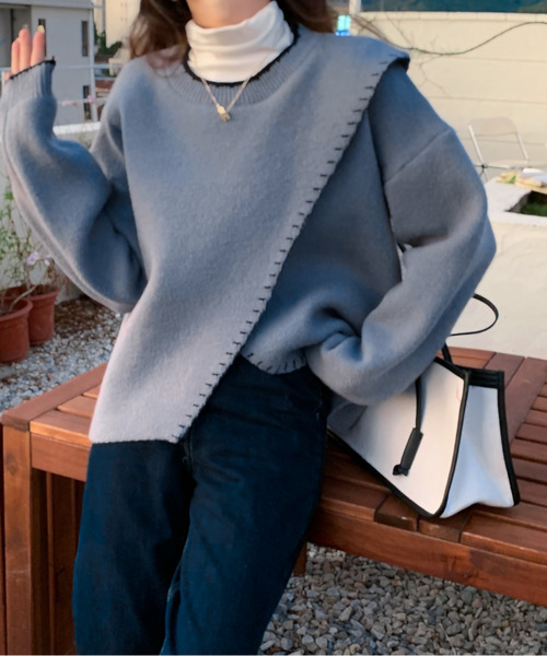 emi+（エミプラス）の「配色ハンドステッチ風ニットトップス（ニット/セーター・レディース・アイボリー/ブラウン/ベージュ/カーキ/ブラック/ブルーグレー・FREE）」の4枚目の写真